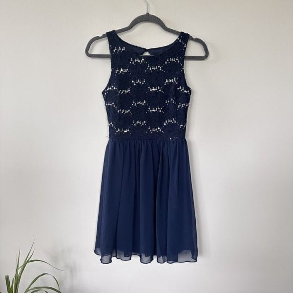 Speechless Juniors Dress Navy Blue Fit‎ Flare Sequin Lace Dance Dress 3